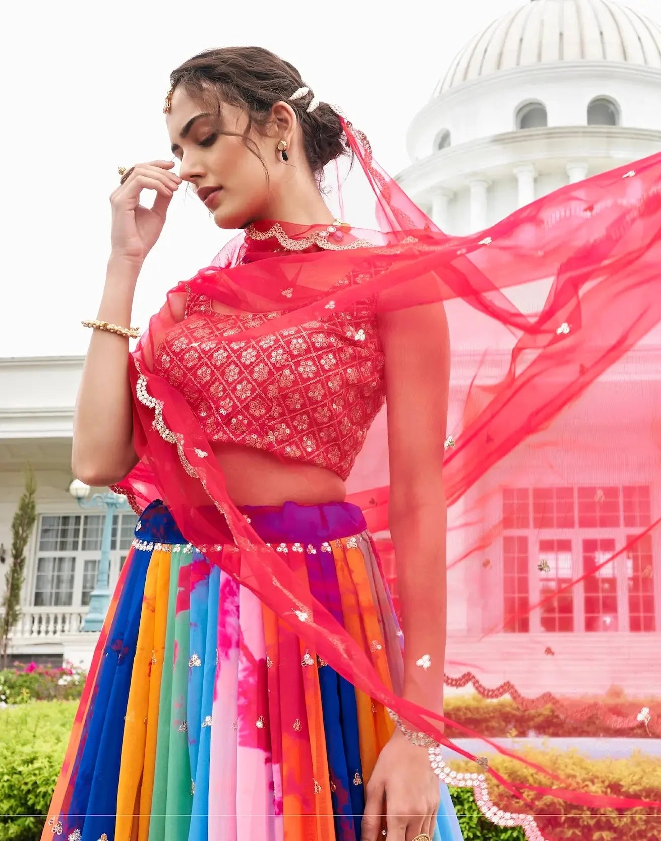Red-Multicolor Georgette Lehenga Choli With Digital Print & Embroidery Work | Ready To Wear - qivii