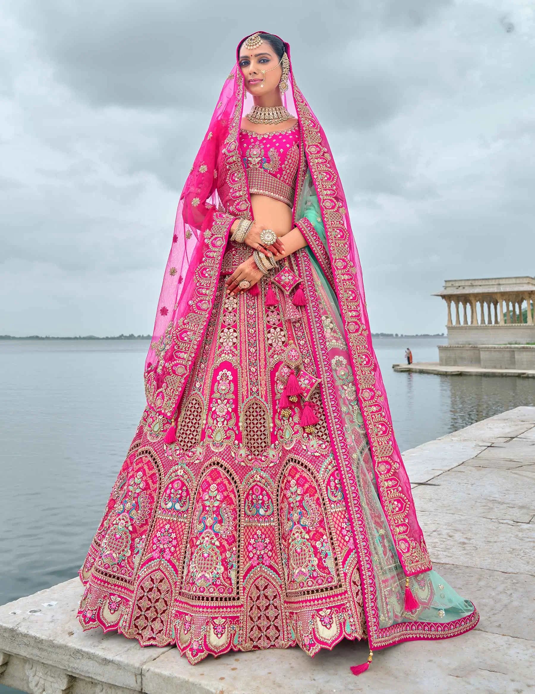 Pink Bridal Lehenga With Khatli, Heavy Embroidery & 2 Dupatta - qivii