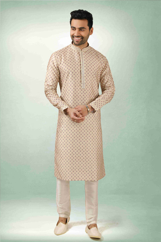 Men's Cream Art Silk Printed Work Kurta Pajama Set