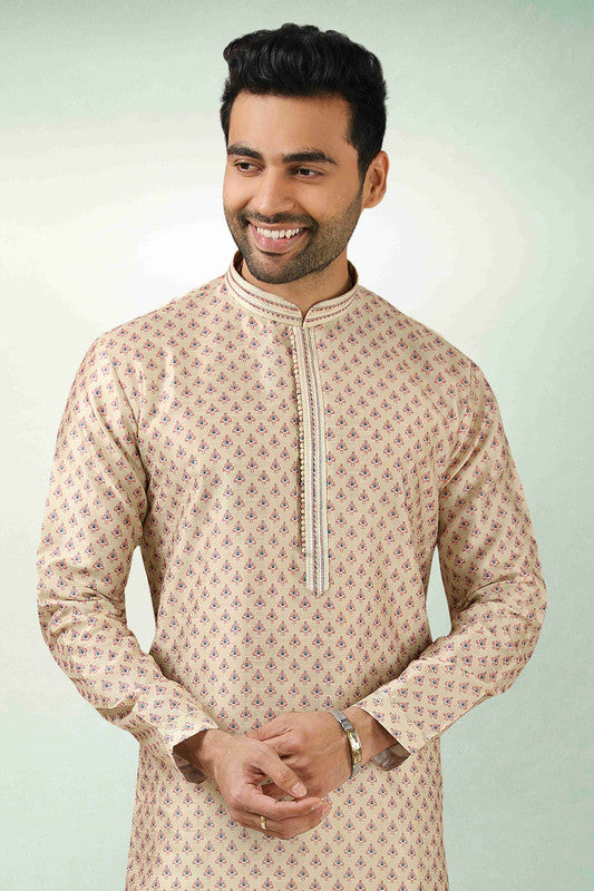 Men's Cream Art Silk Printed Work Kurta Pajama Set