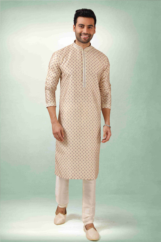 Men's Cream Art Silk Printed Work Kurta Pajama Set