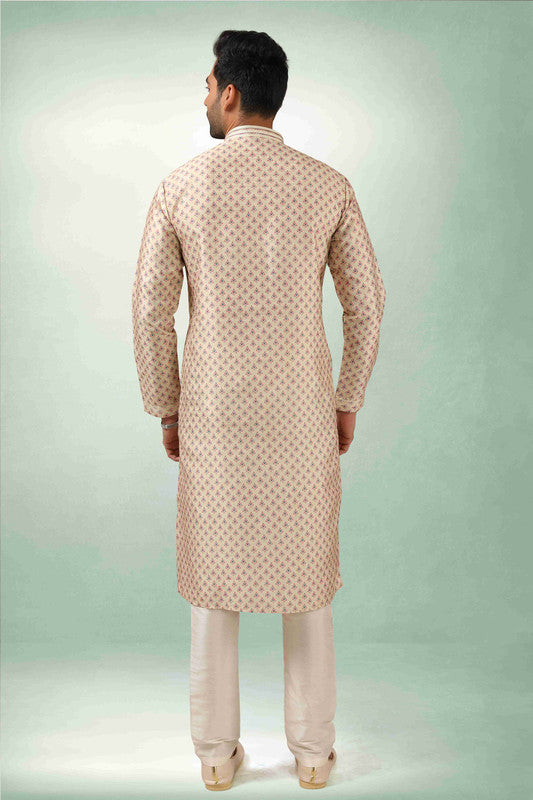 Men's Cream Art Silk Printed Work Kurta Pajama Set
