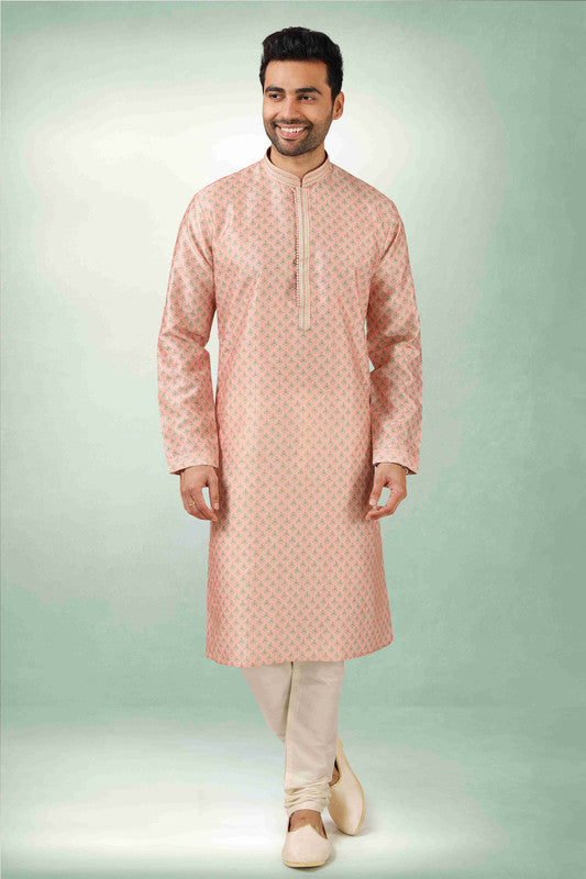 Men's Pink Art Silk Printed Work Kurta Pajama Set