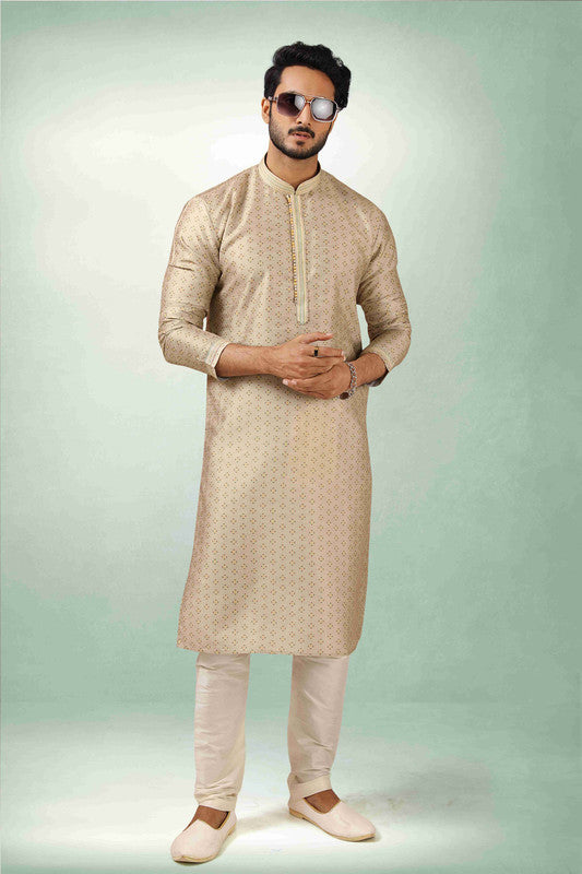 Men's Beige Art Silk Printed Work Kurta Pajama Set