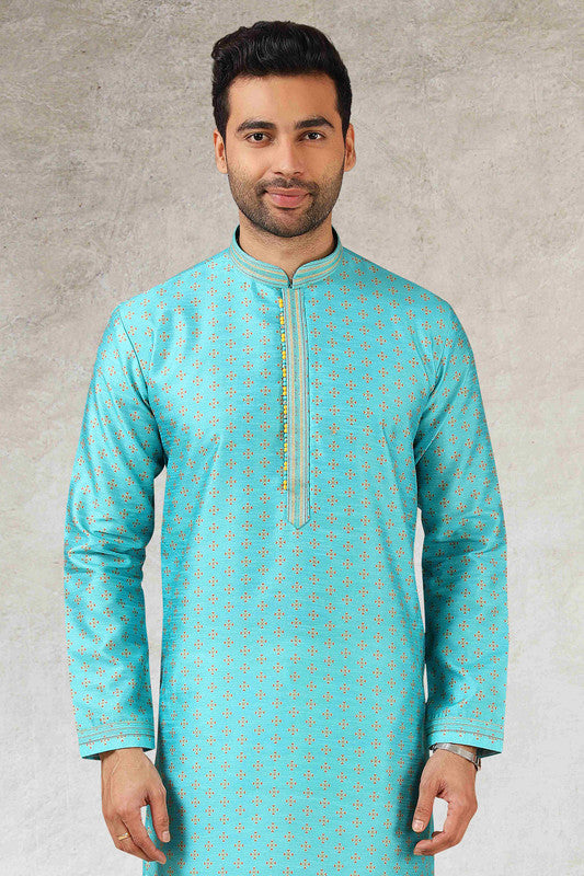 Men's Sky Blue Art Silk Printed Work Kurta Pajama Set