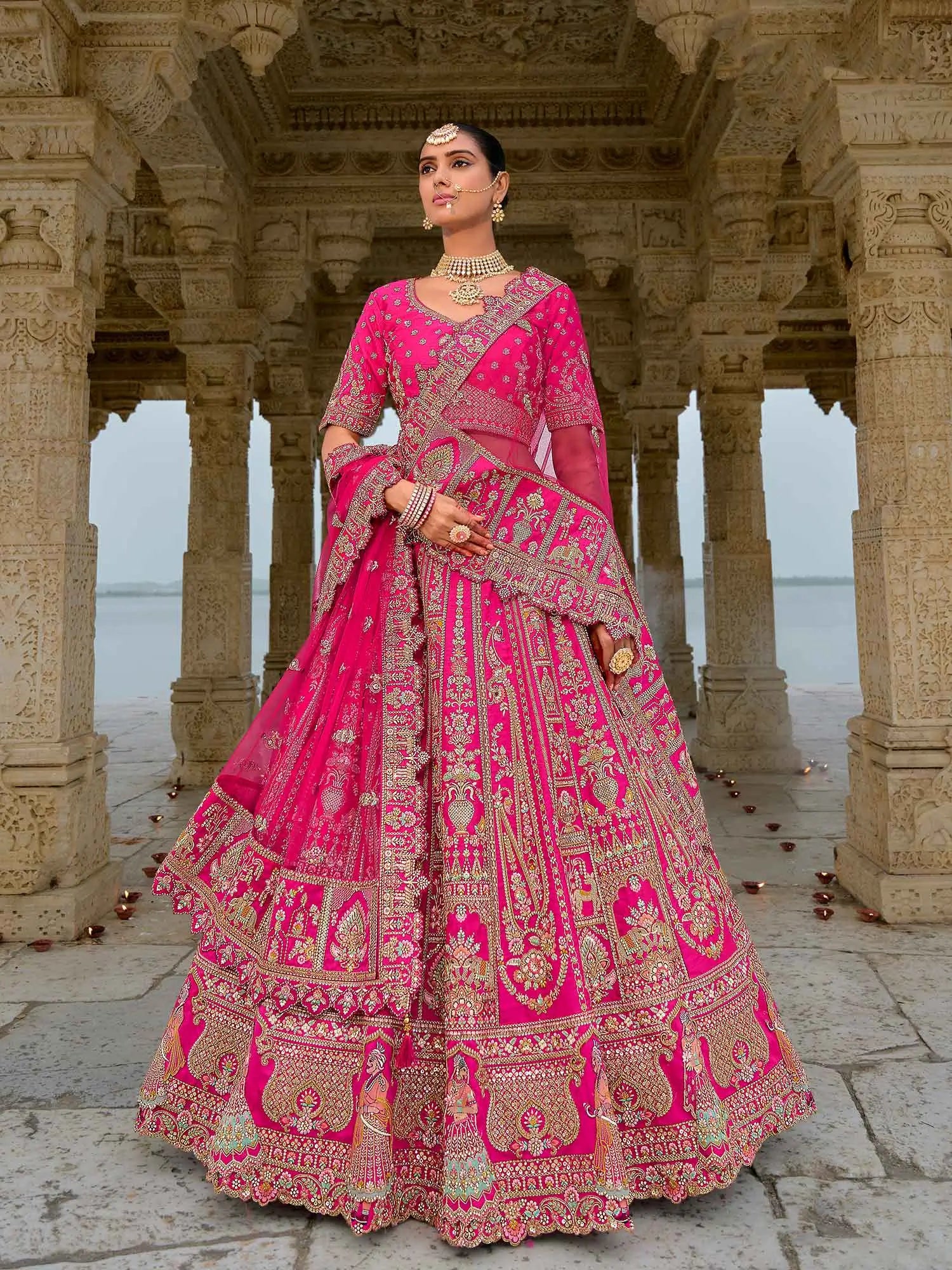 Designer Pink Bridal Lehenga With Heavy Embroidery & 2 Dupatta - qivii