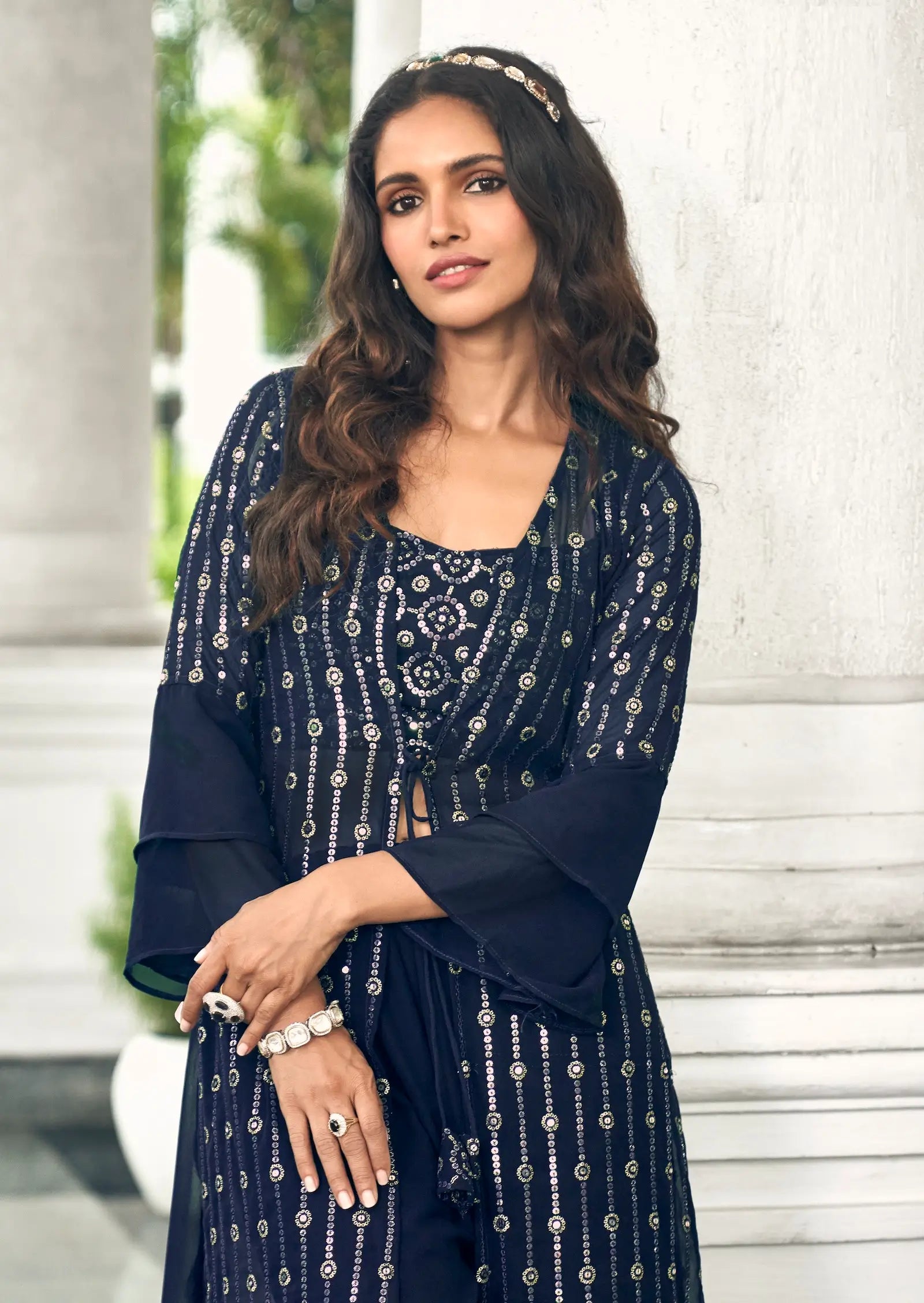 Navy Blue Georgette Indo western Set With Thread & Sequence Embroidery Work | Ready To Wear - qivii