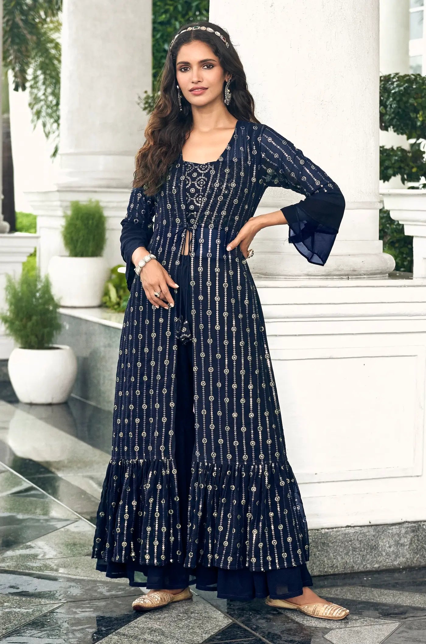Navy Blue Georgette Indo western Set With Thread & Sequence Embroidery Work | Ready To Wear - qivii