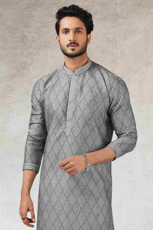 Men's Grey Black Art Silk Printed Work Kurta Pajama Set