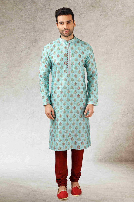Men's Pista Green Art Silk Printed Work Kurta Pajama Set
