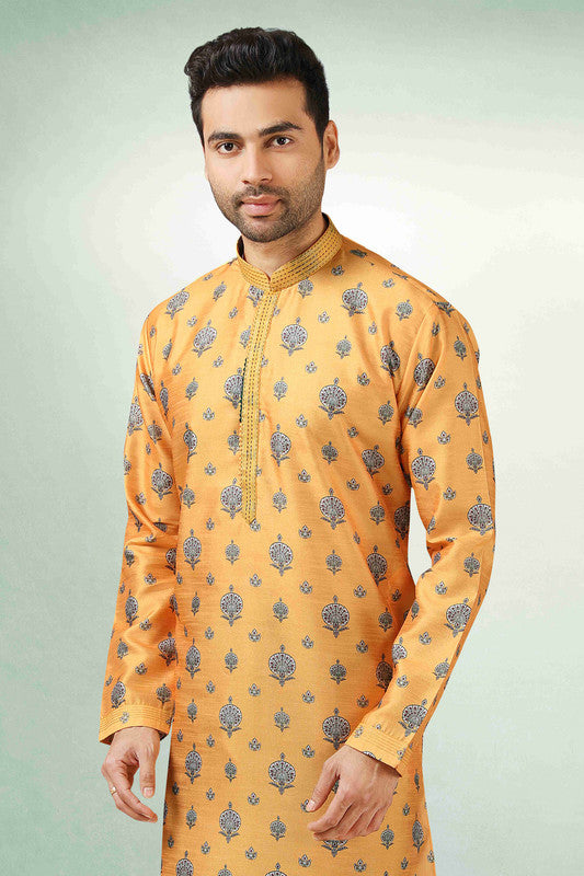 Men's Yellow Art Silk Printed Work Kurta Pajama Set