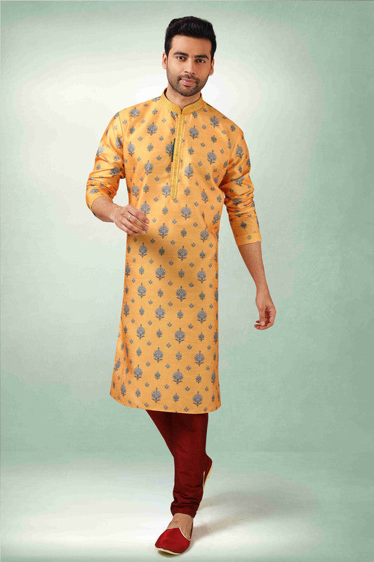 Men's Yellow Art Silk Printed Work Kurta Pajama Set