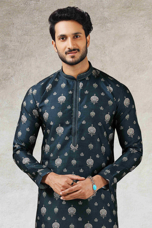 Men's Teal Green Art Silk Printed Work Kurta Pajama Set