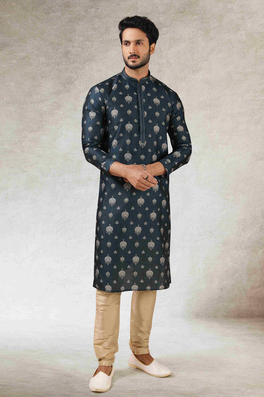 Men's Teal Green Art Silk Printed Work Kurta Pajama Set