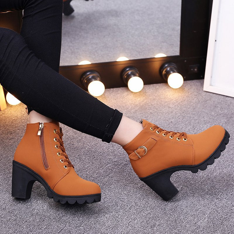 Women's Buckle Decorated Chunky Heel Ankle Boots - Side Zipper & Lace-Up Round Toe Mid-Calf Equestrian Boots (US 4-10)
