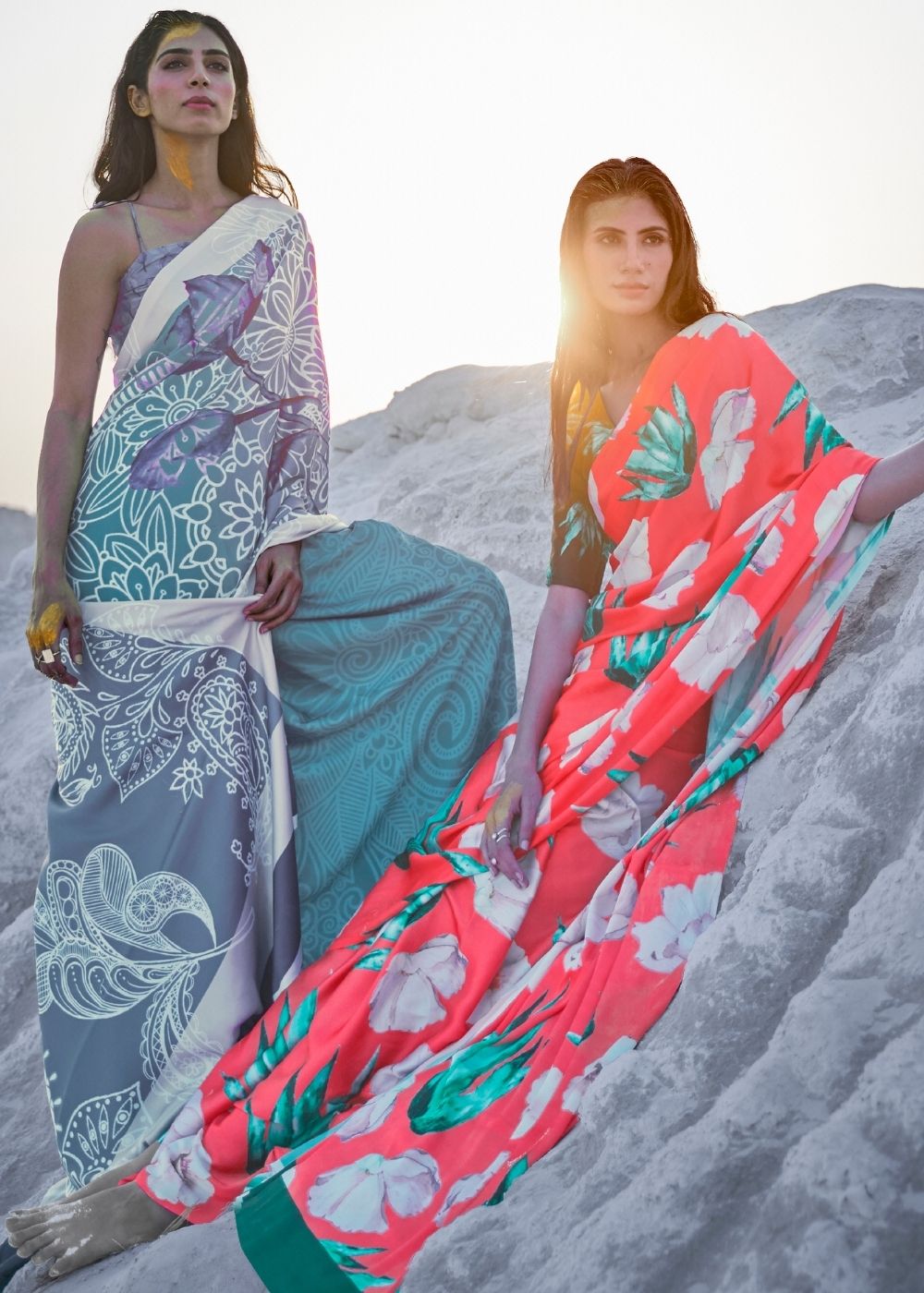 Cerulean Blue and Violet Digital Printed Crepe Silk Saree - qivii