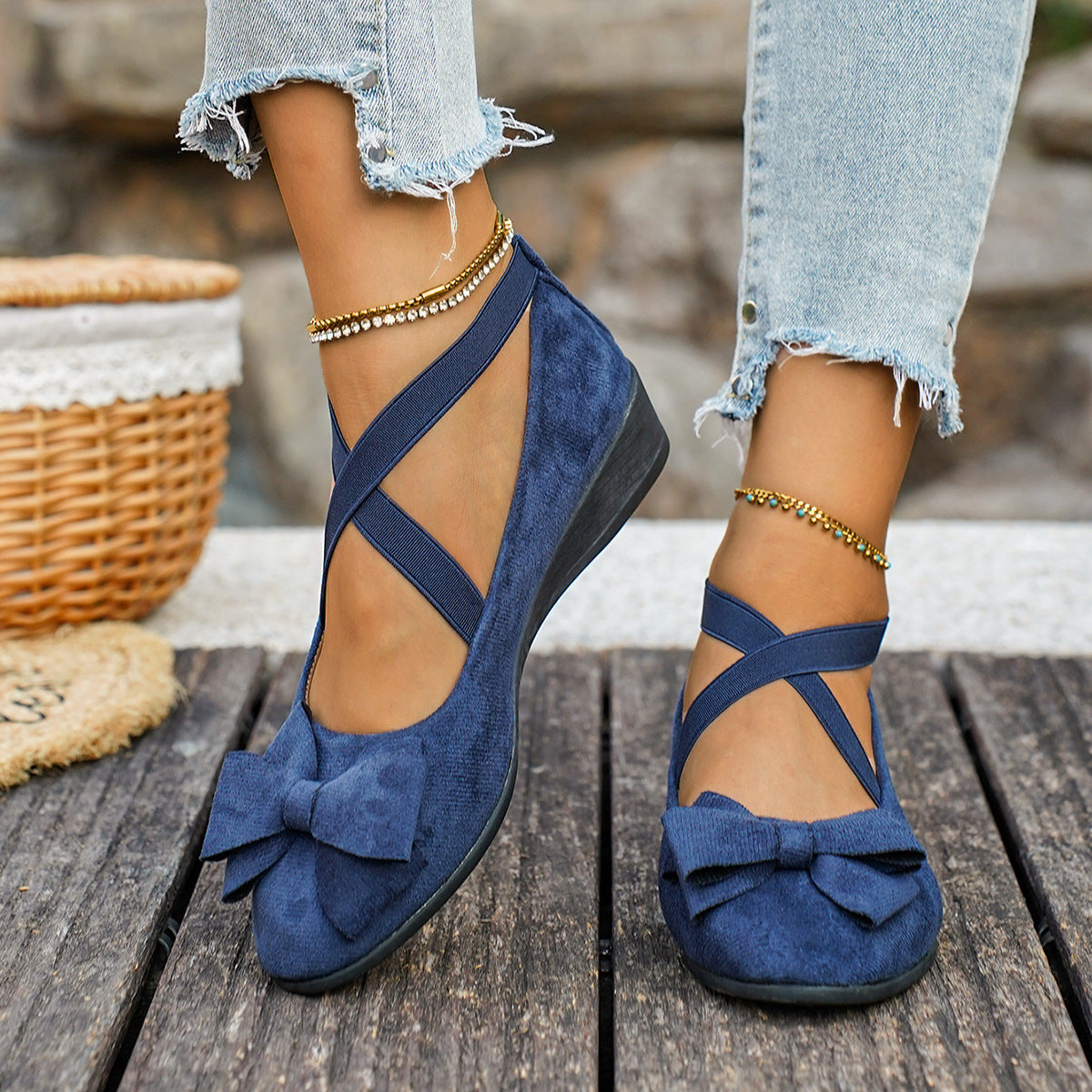 Women’s Elara Bow Suede Wedge Loafers – Elastic Cross-Strap Comfort Slip-Ons (US 5–10.5)