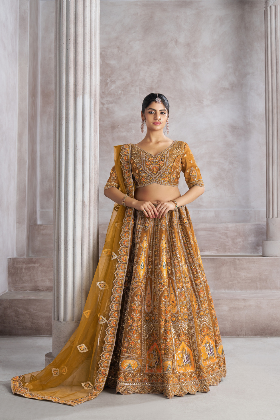 Earthy Mustard Bridal Lehenga with Patch & Aari Work - qivii