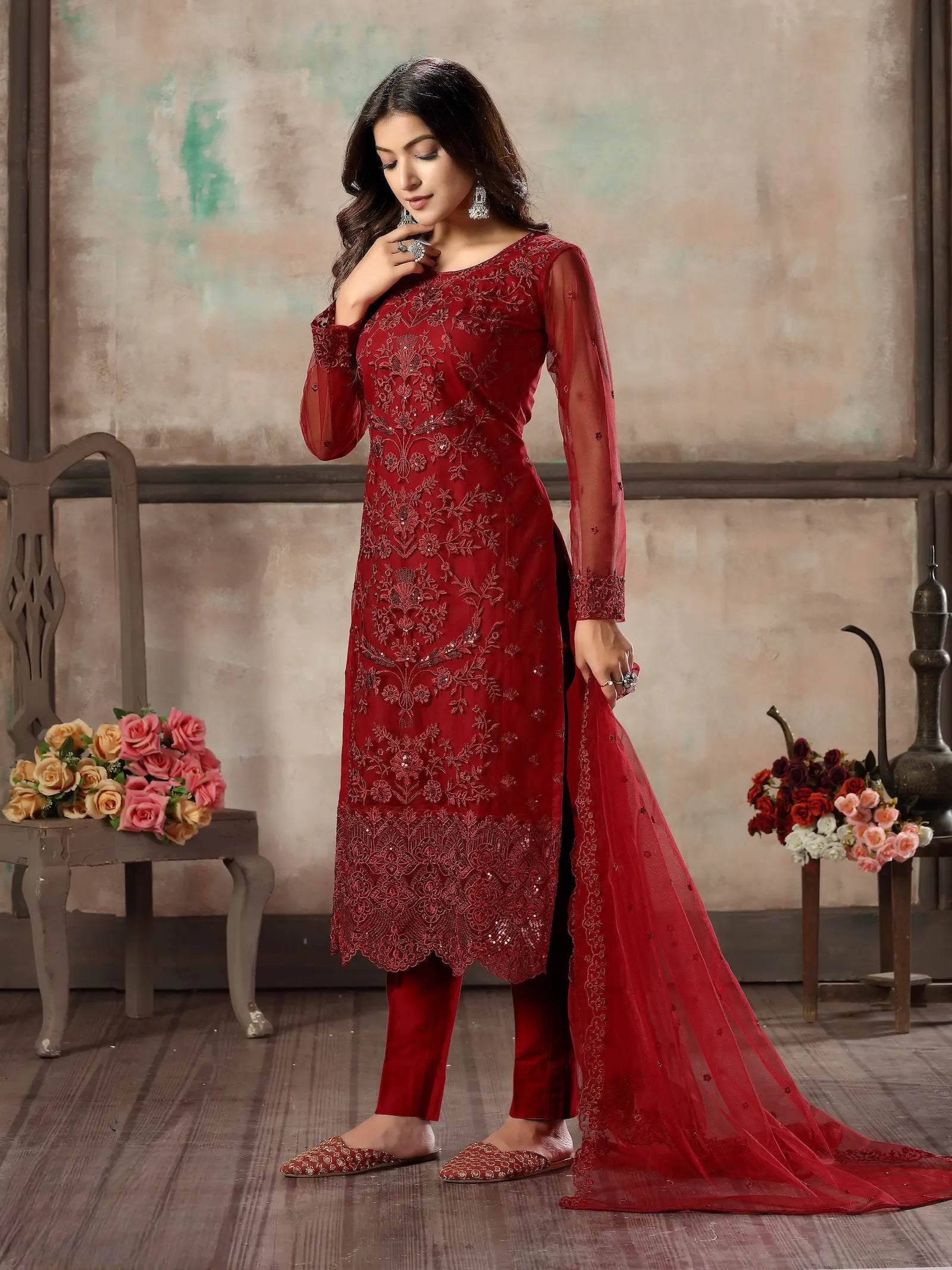 Red Net Salwar Suit With Thread & Sequence Embroidery Work - qivii