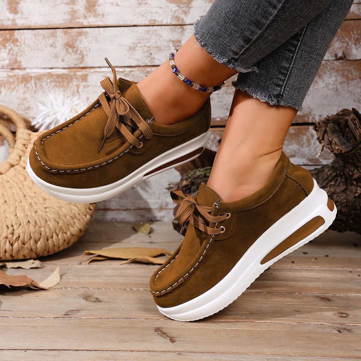Women's Chunky Sole Lace-Up Loafer - Casual Wedge Heel Shoes (US 5-10.5)