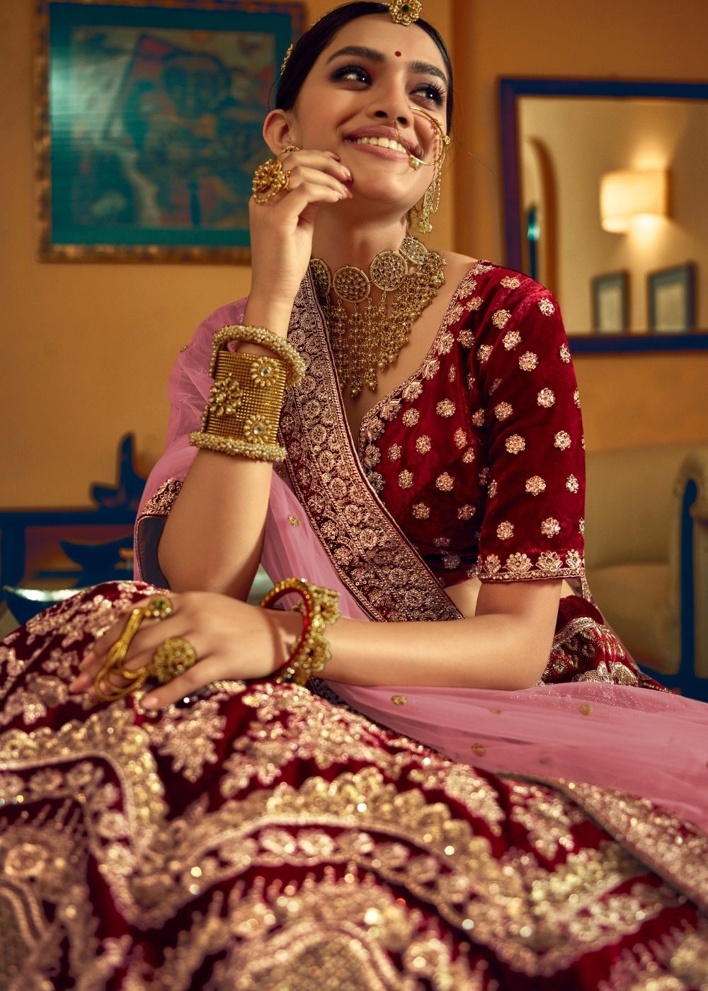 Wine Red Bridal Velvet Lehenga Choli with Embroidery & Hand work | Ready To Wear - qivii