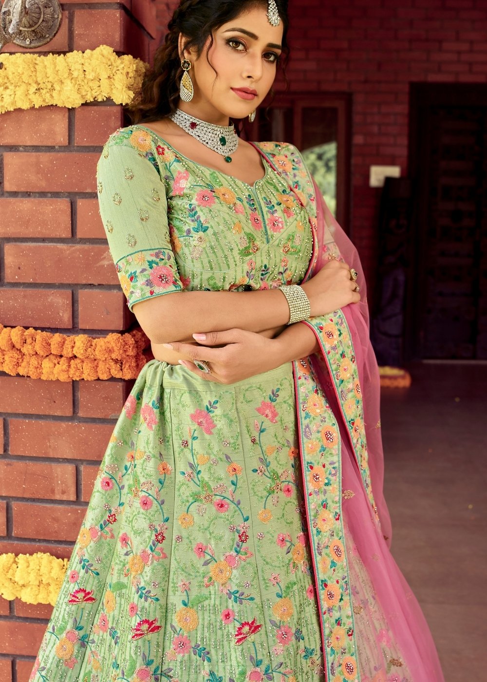 Kelly Green Raw Silk Lehenga Choli with Sequins, Resham & Zarkan work | Ready To Wear - qivii