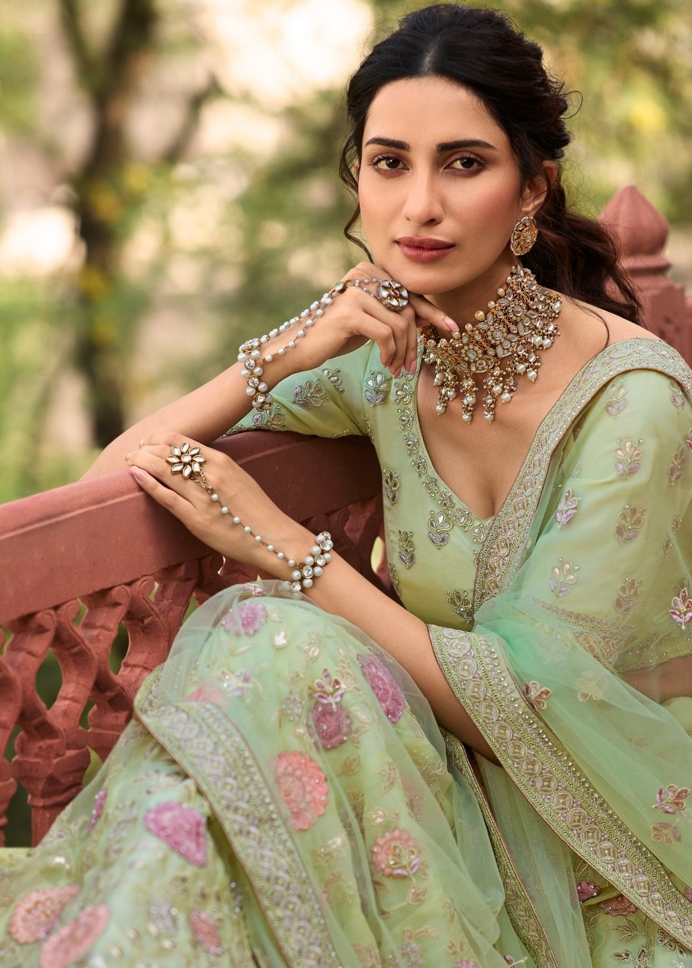 Pastel Green Organza Lehenga Choli with Dori, Thread & Zarkan work | Ready To Wear - qivii