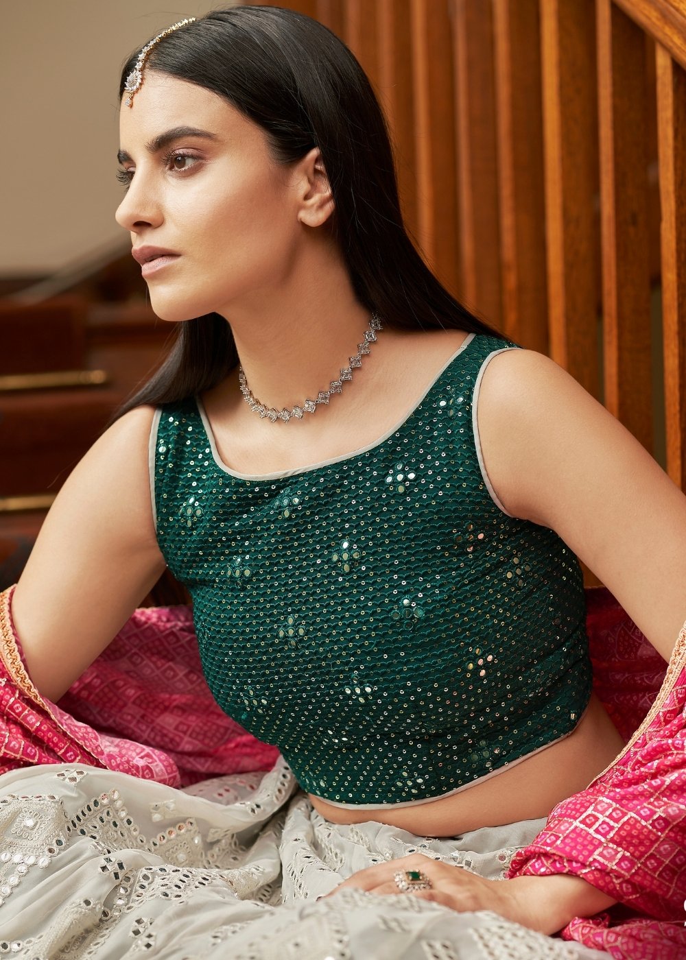 Silver Grey Organza Lehenga with Sequins, Gota, Mirror & Resham work | Ready To Wear - qivii