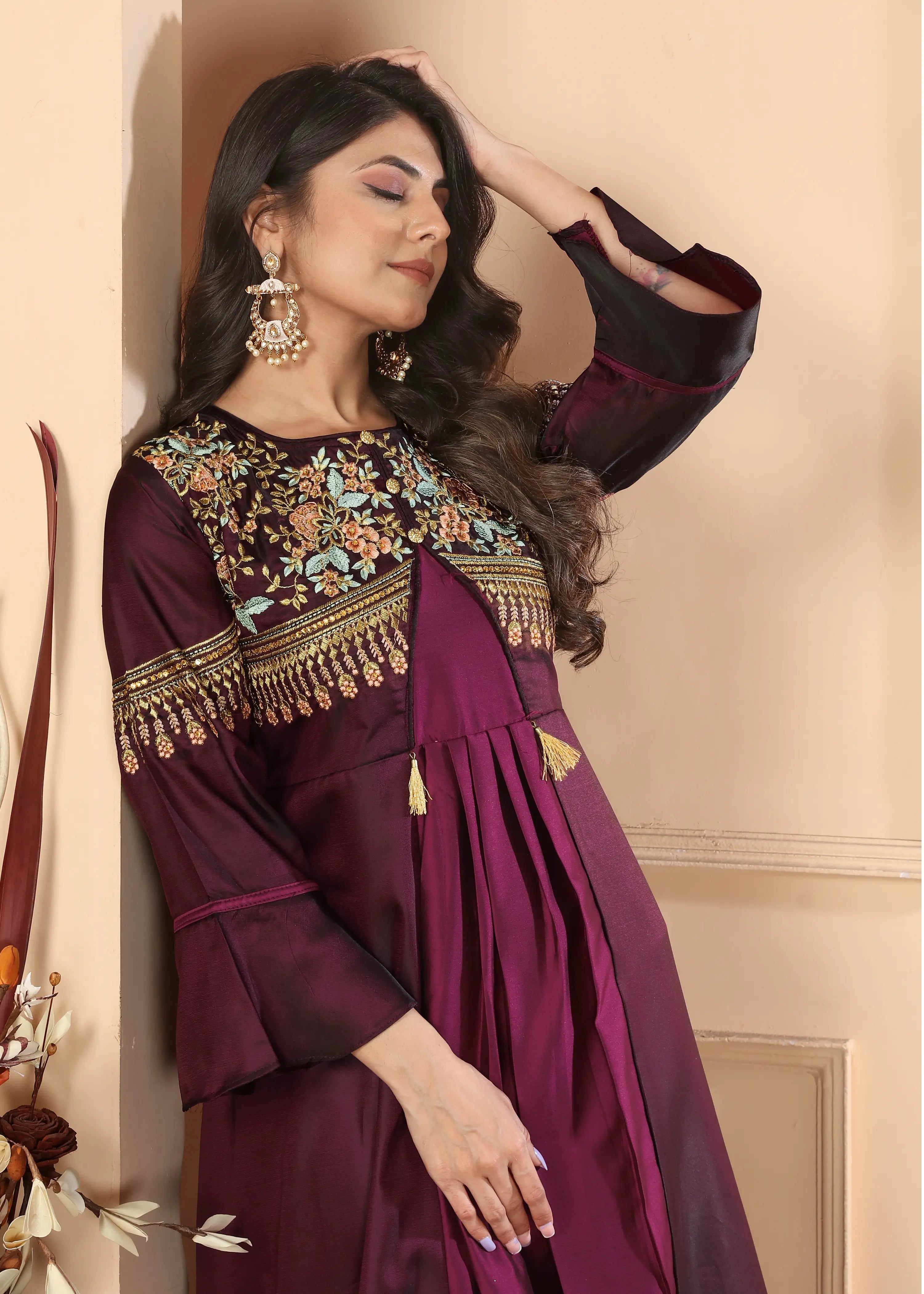 Dark Purple Gown With Heavy Embroidery Work - qivii