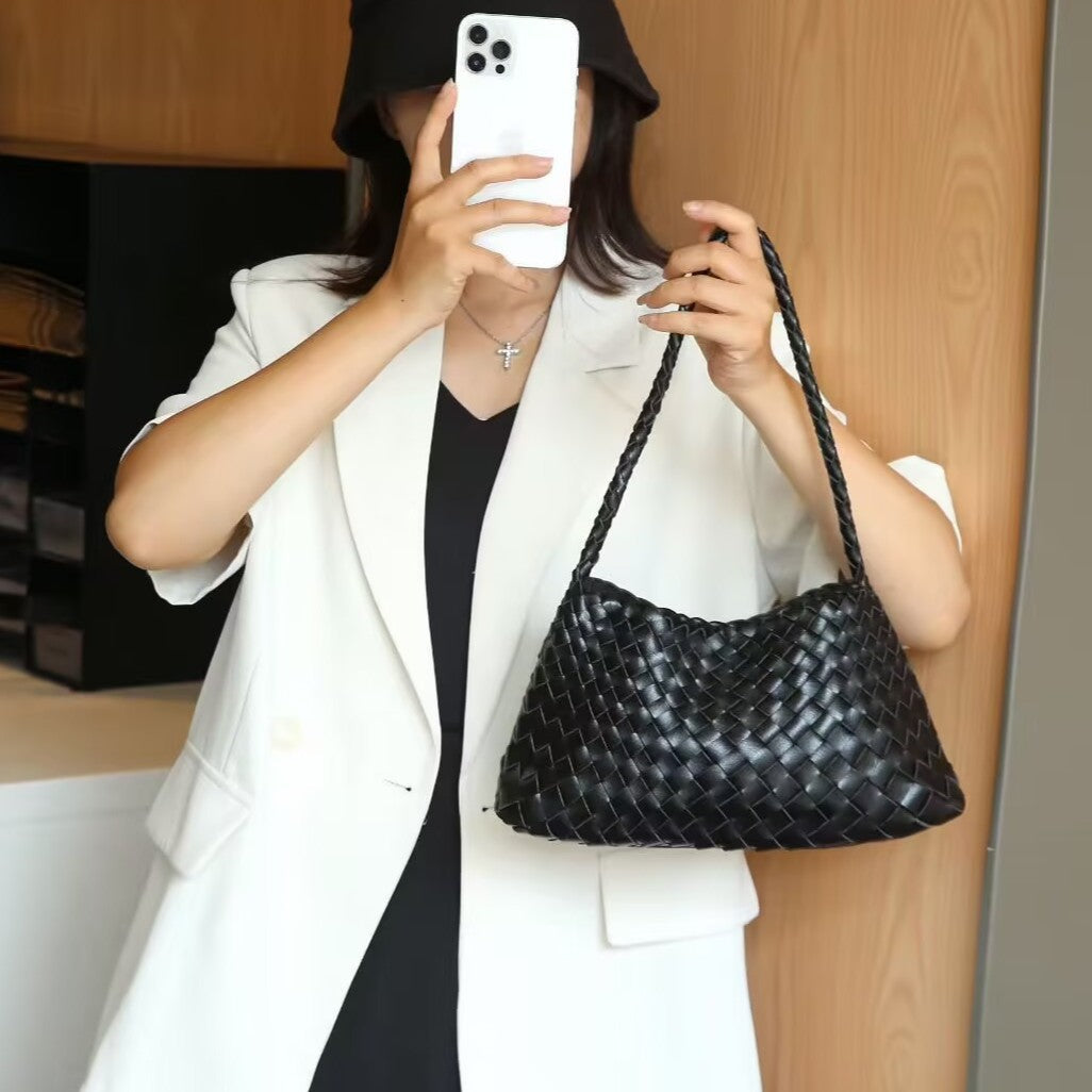 Women’s Genuine Leather Woven Heritage Tote – Handcrafted Vintage Shoulder & Underarm Bag, Minimalist Elegant Design