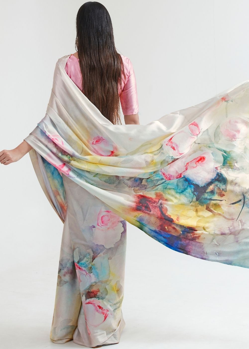 Ivory White Satin Silk Digital Printed Saree : Top Pick - qivii