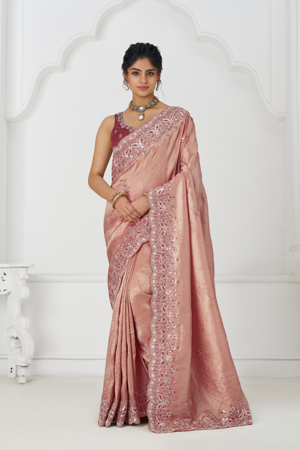 Latest Pink Pure Dola Silk Saree With Sequins And Beads Embroidery For Brides - qivii