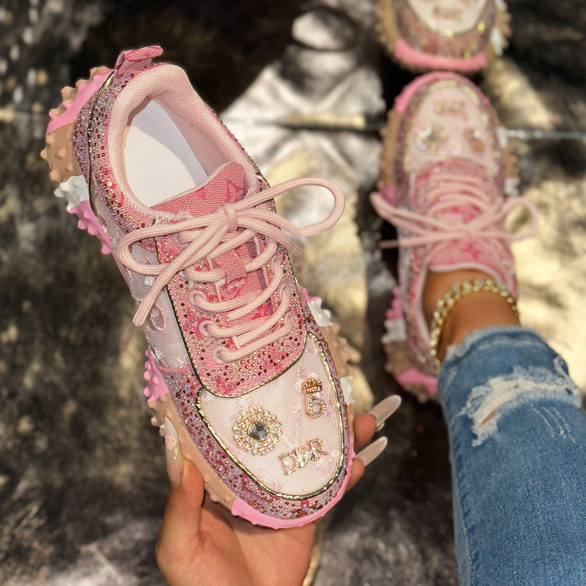 Women’s Lumira Embroidered Letter Mesh Platform Sneakers – Rhinestone Detail Chunky Sole Light Luxury Fashion Sneakers (US 4–10.5)