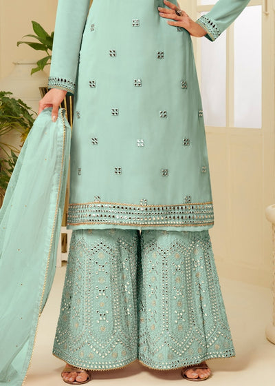 Powder Blue Georgette Sharara Suit with Gota work & Embroidery By Qivii