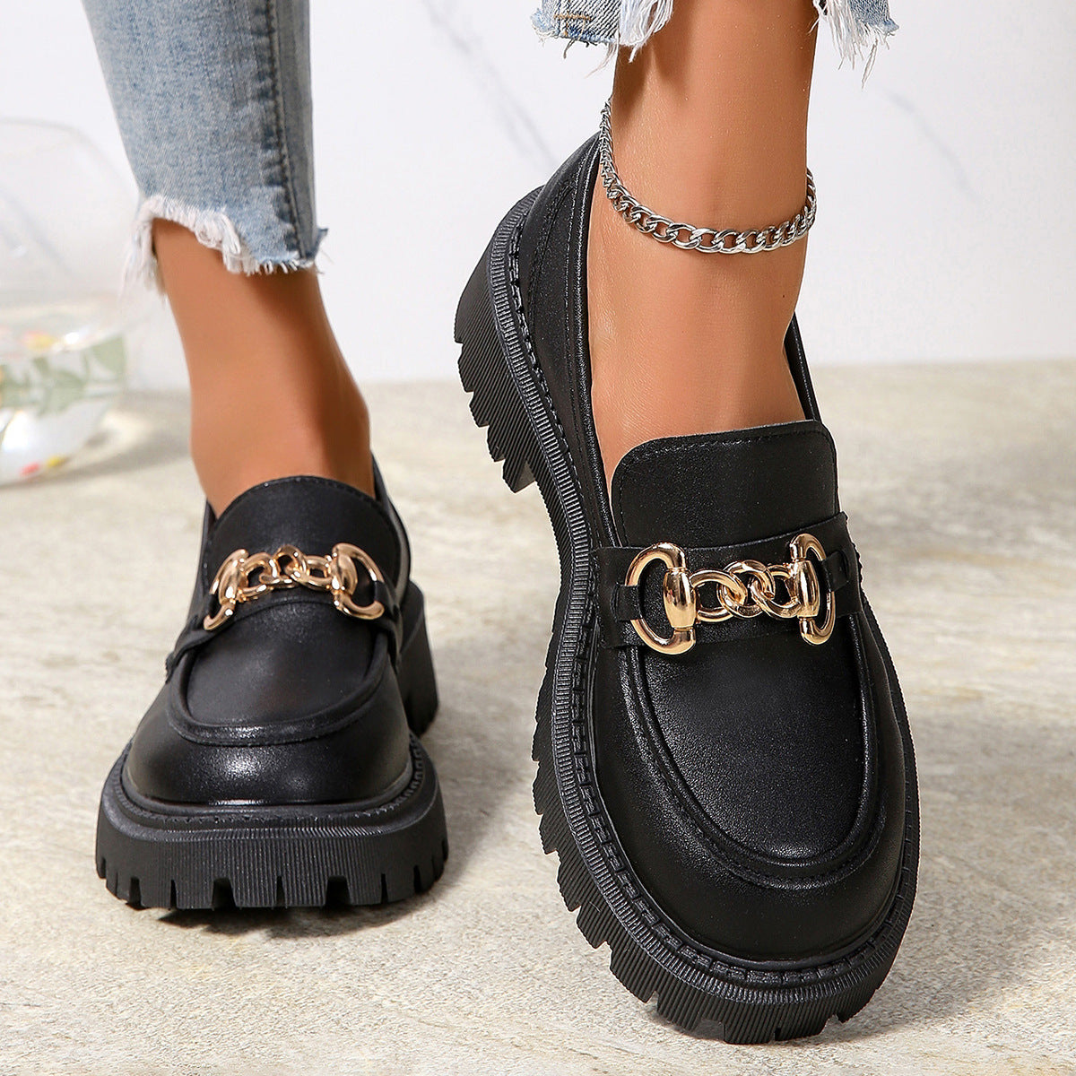 Women's Plus Size British Style Leather Platform Slip-On Loafers