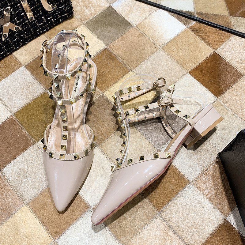 Women’s Studded Pointed Toe Low Heels – Chunky Rivet Sandals (US 4–8.5)