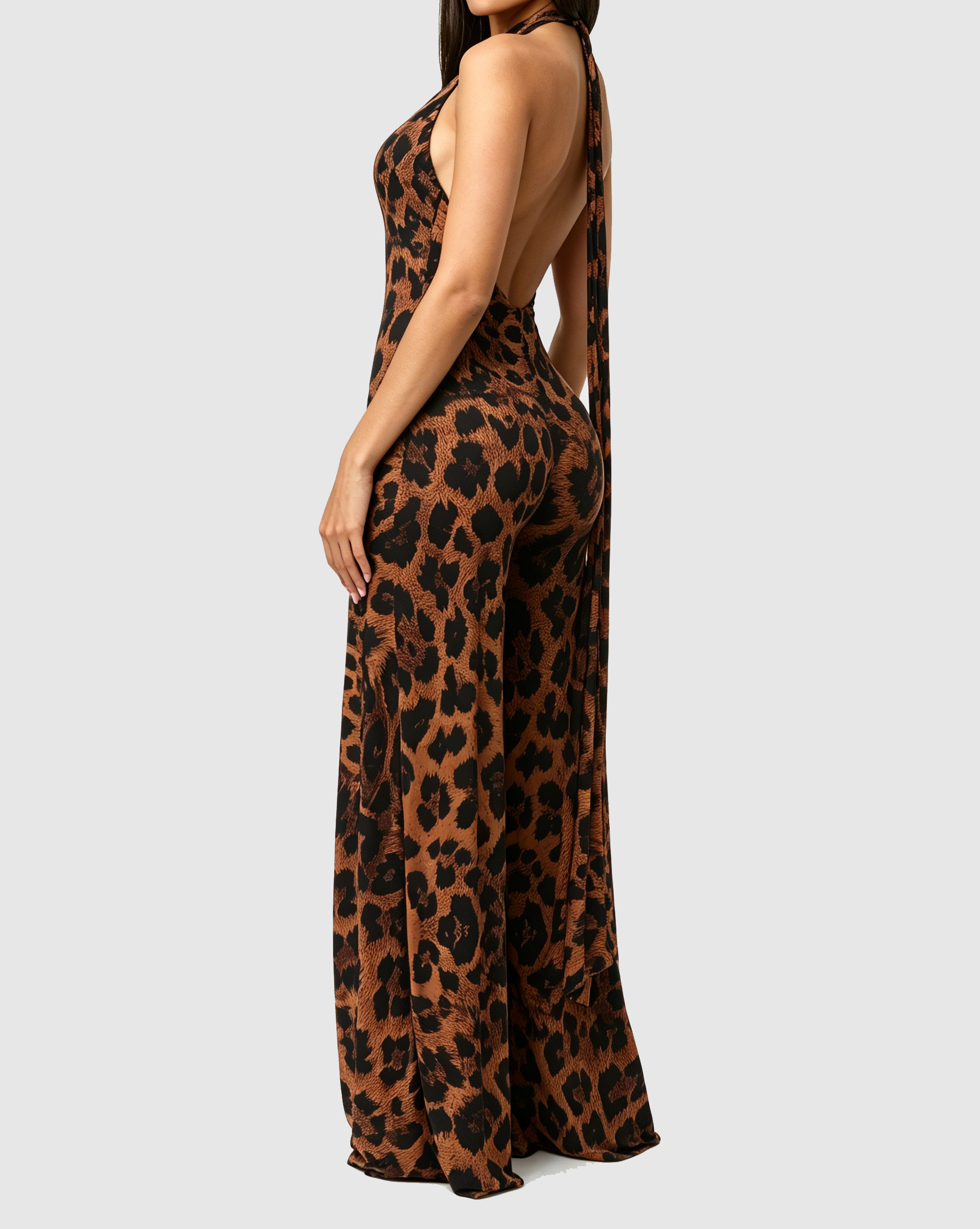 Leopard Print Halter Wide Leg Jumpsuit - By Qivii