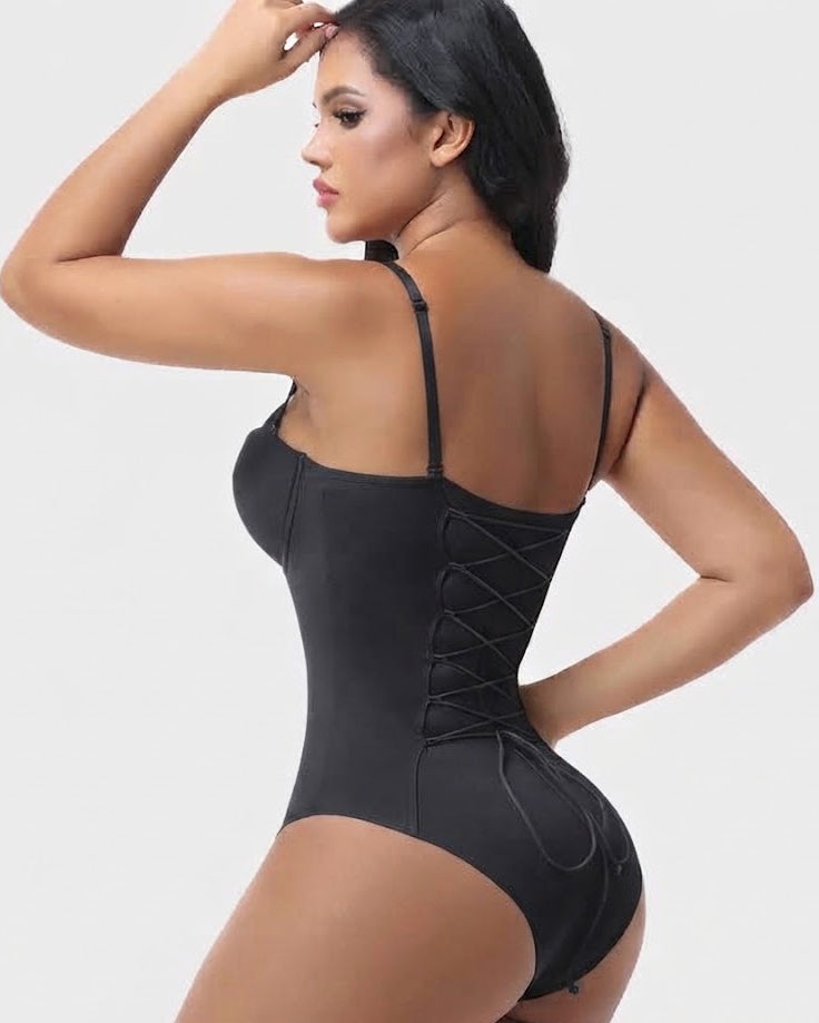 Front Zip Adjustable Strap Back Lace Up Bodysuit Tummy Control Shapewear