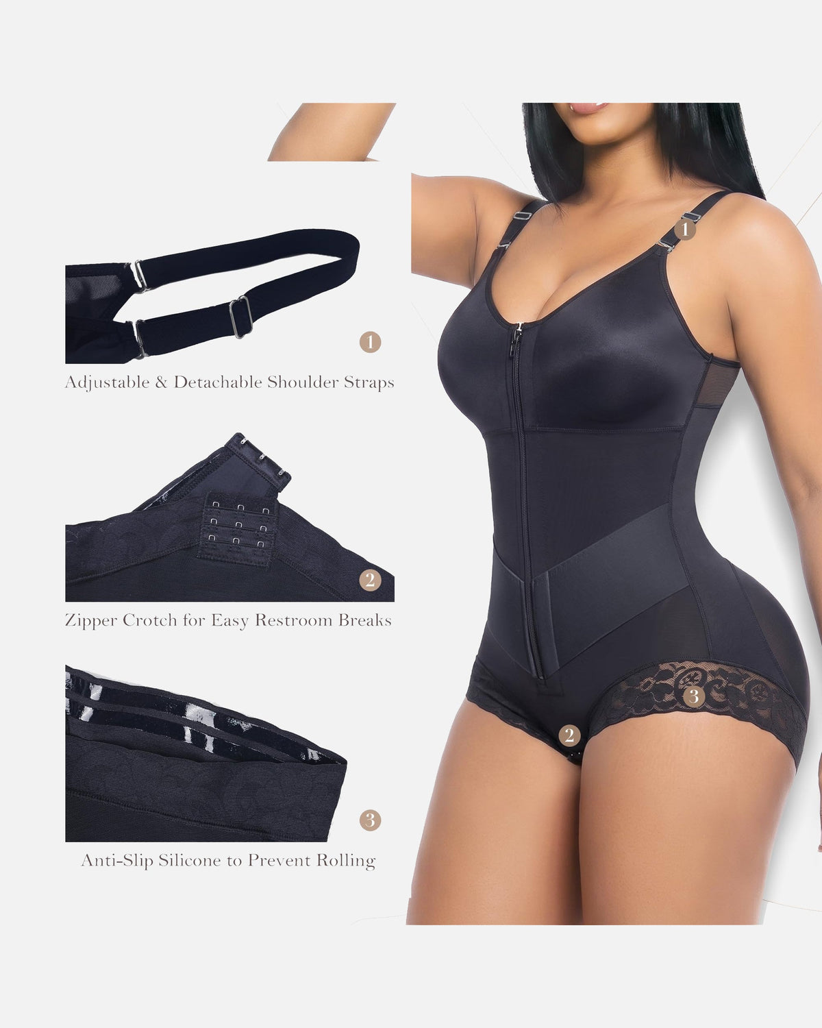 Lace Trim Adjustable Strap Tummy Control Butt Lifting Zipper Bodysuit