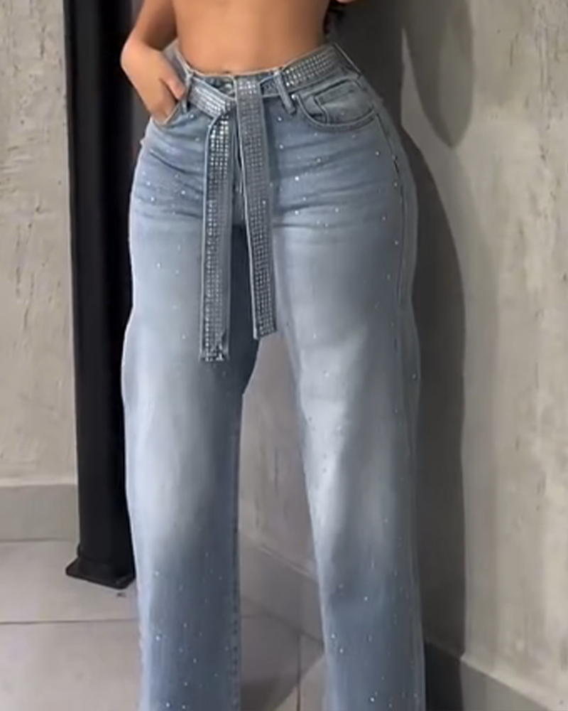 Stylish Mid Waist Diamond Studded Wide Leg Jeans with Belt - By Qivii