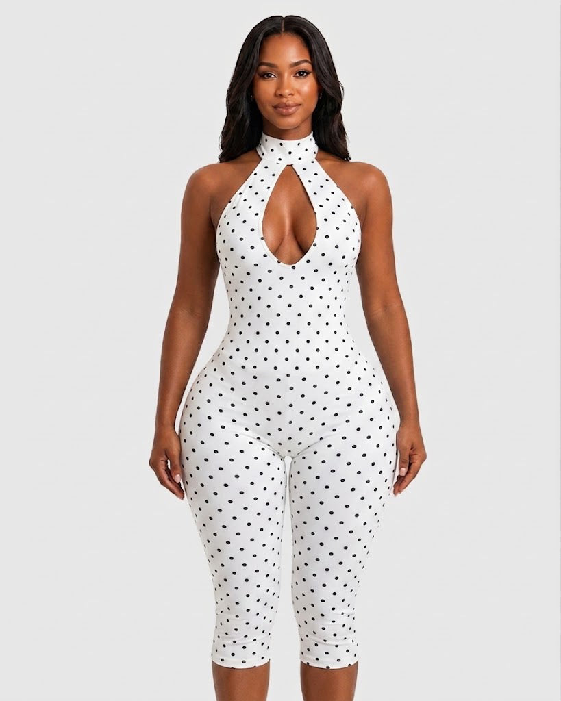Polka Dot Halter Cutout Backless Capri Jumpsuit - By Qivii