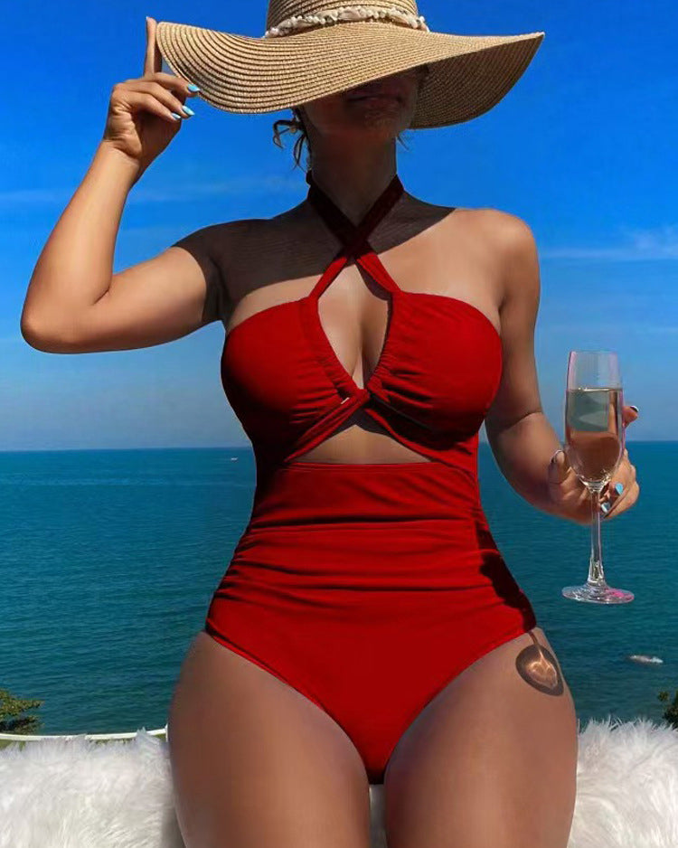 Cross Halter Ruched Front Cutout Backless One Piece Swimsuit - By Qivii