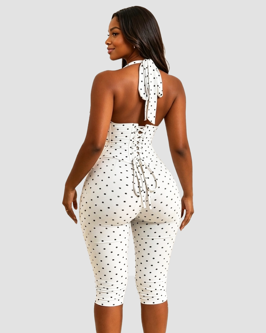 Hourglass Figure Body Shaper Waist Cincher Polka Dot Capri Jumpsuit Two-Piece Set - By Qivii