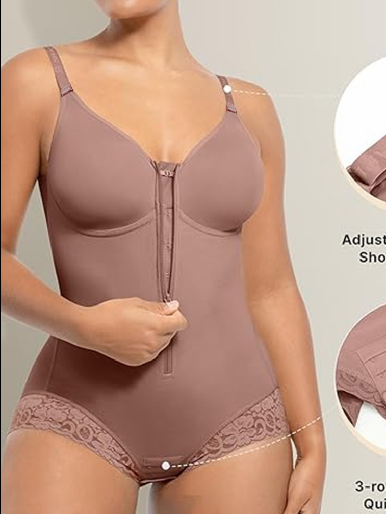 Lace-trimmed Tummy Control Zipper Shapewear Bodysuit