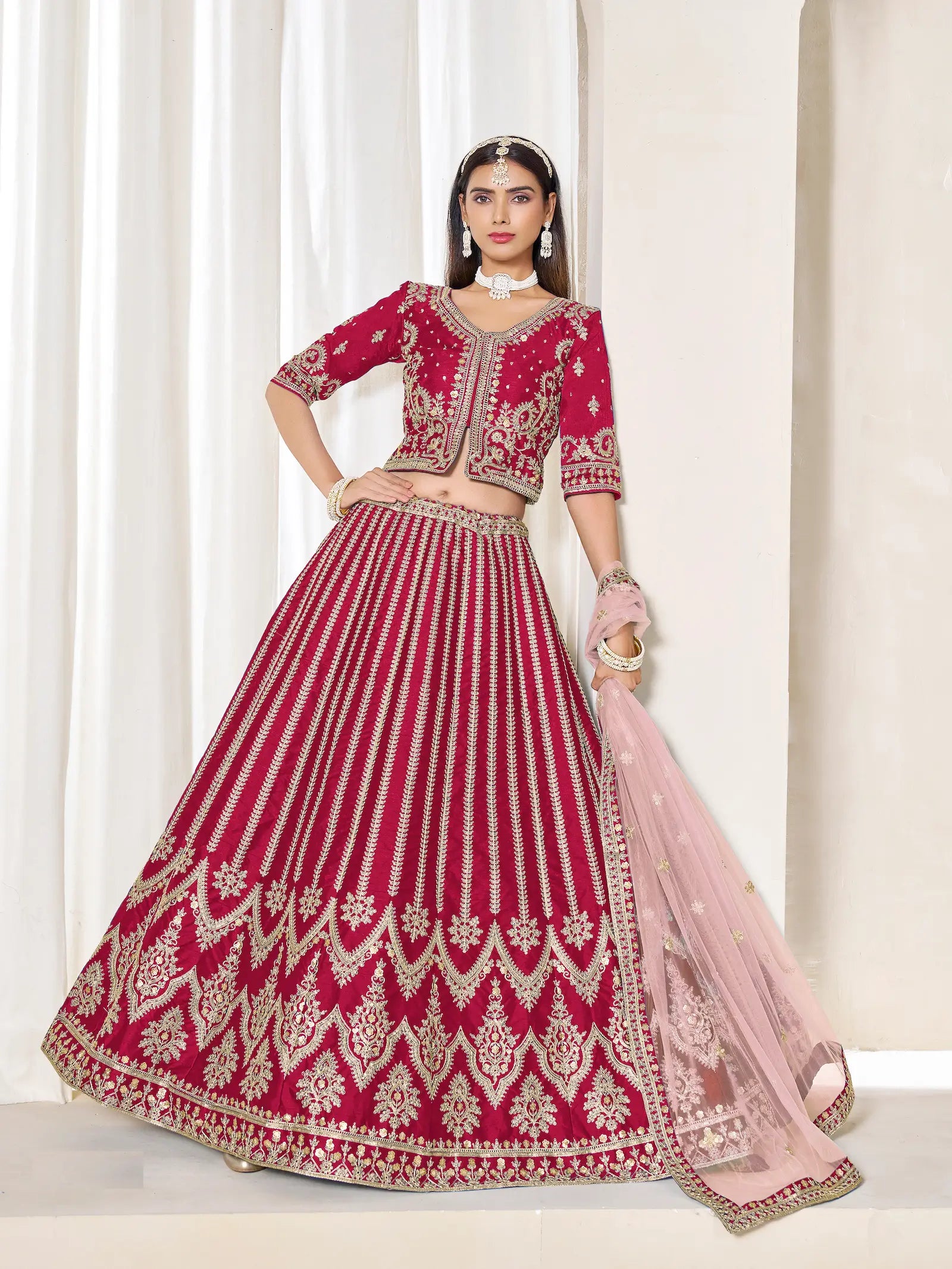 Red Art Silk Thread & Sequins Embroidery Lehenga Choli - qivii