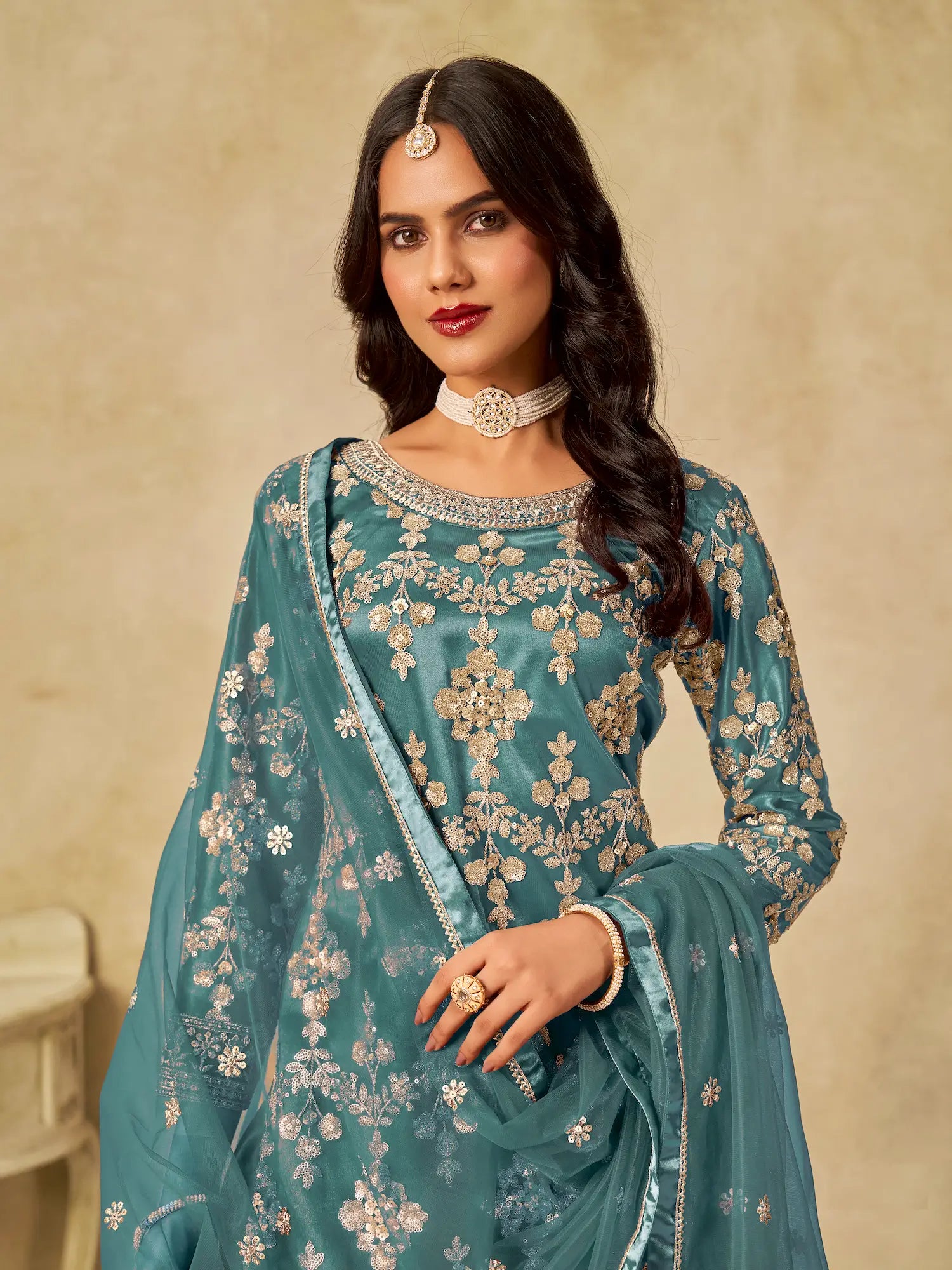 Dusty Teal Net Palazzo Suit With Sequins Embroidery - qivii