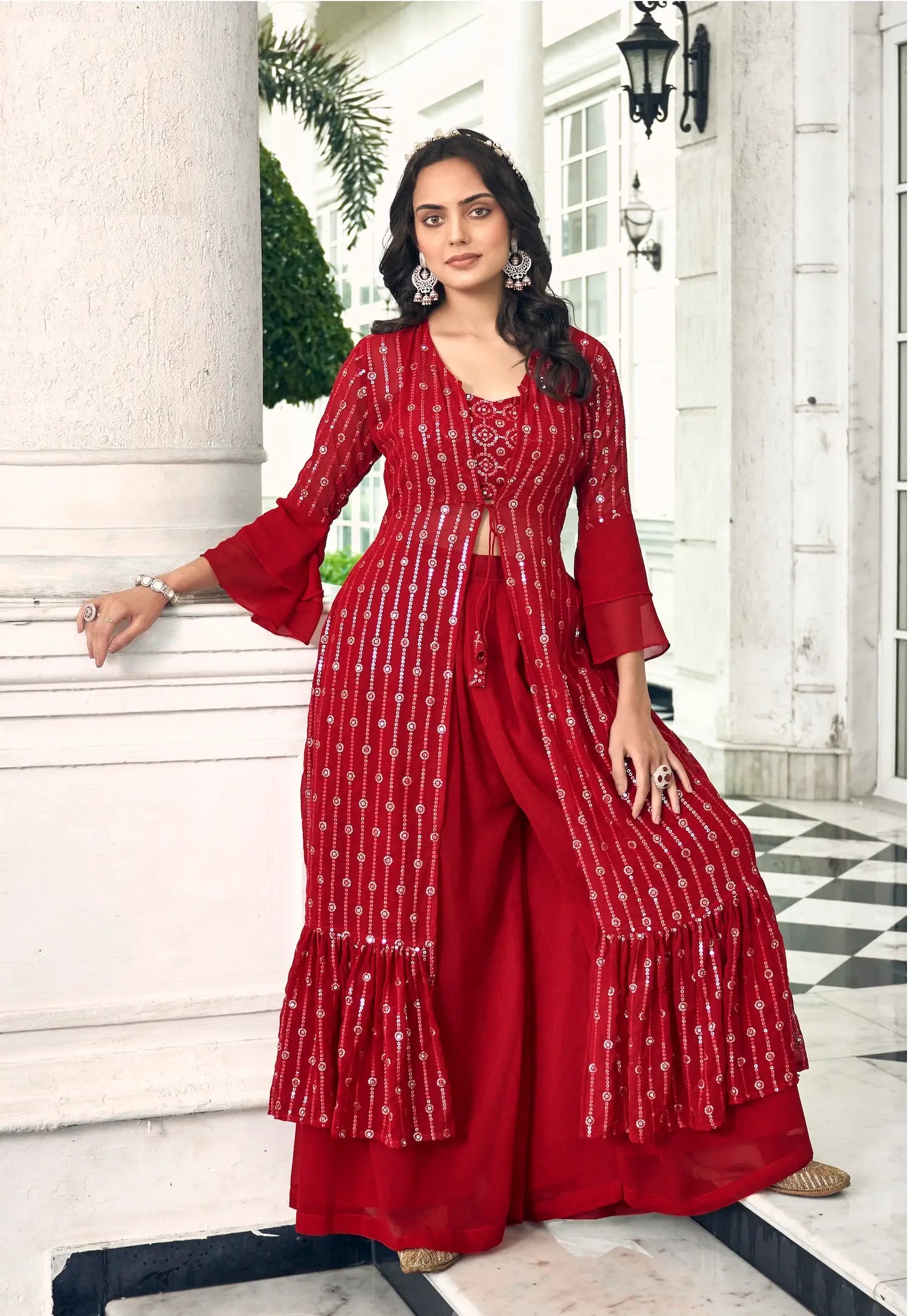 Red Georgette Indo western Set With Thread & Sequence Embroidery Work | Ready To Wear - qivii