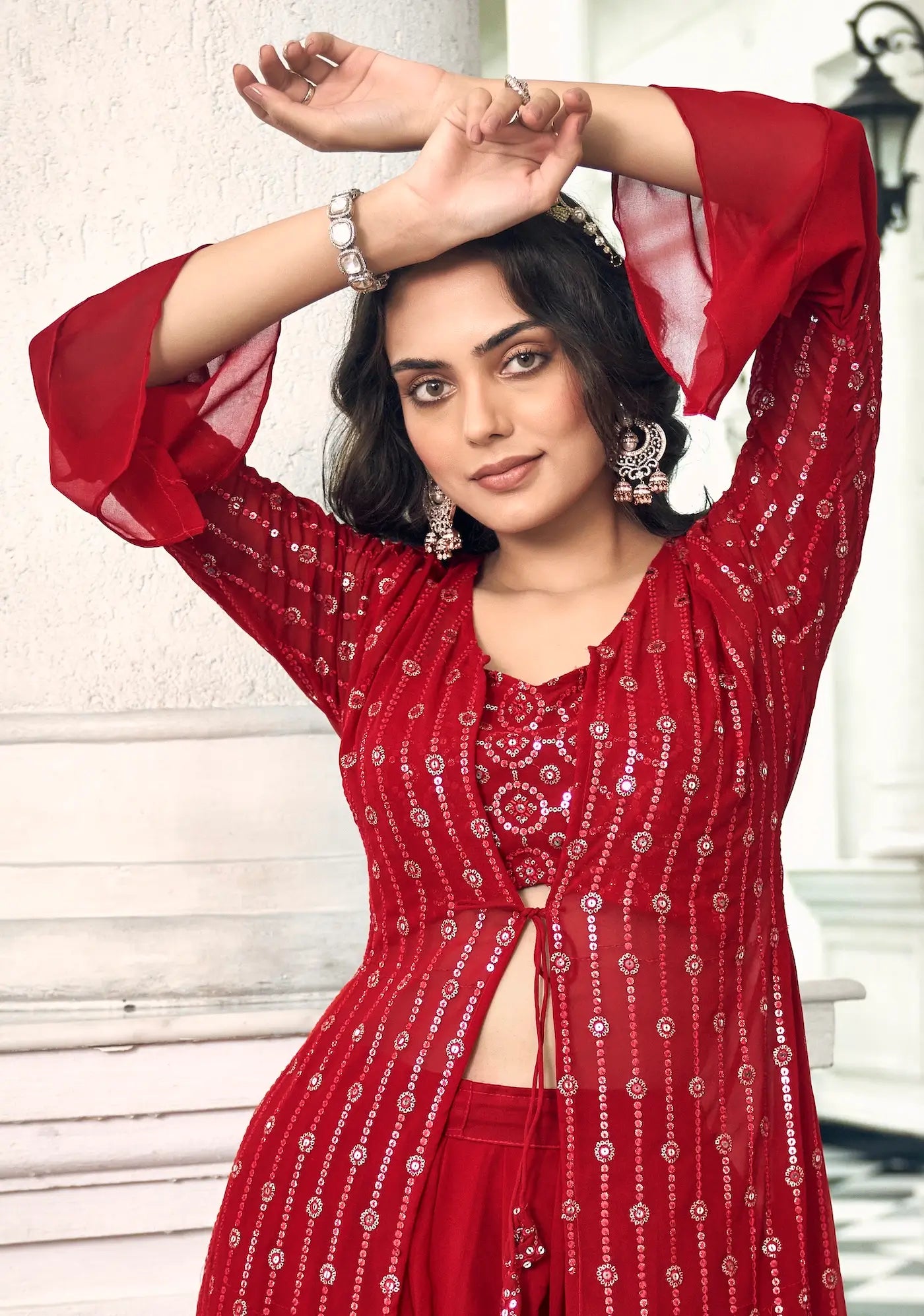 Red Georgette Indo western Set With Thread & Sequence Embroidery Work | Ready To Wear - qivii