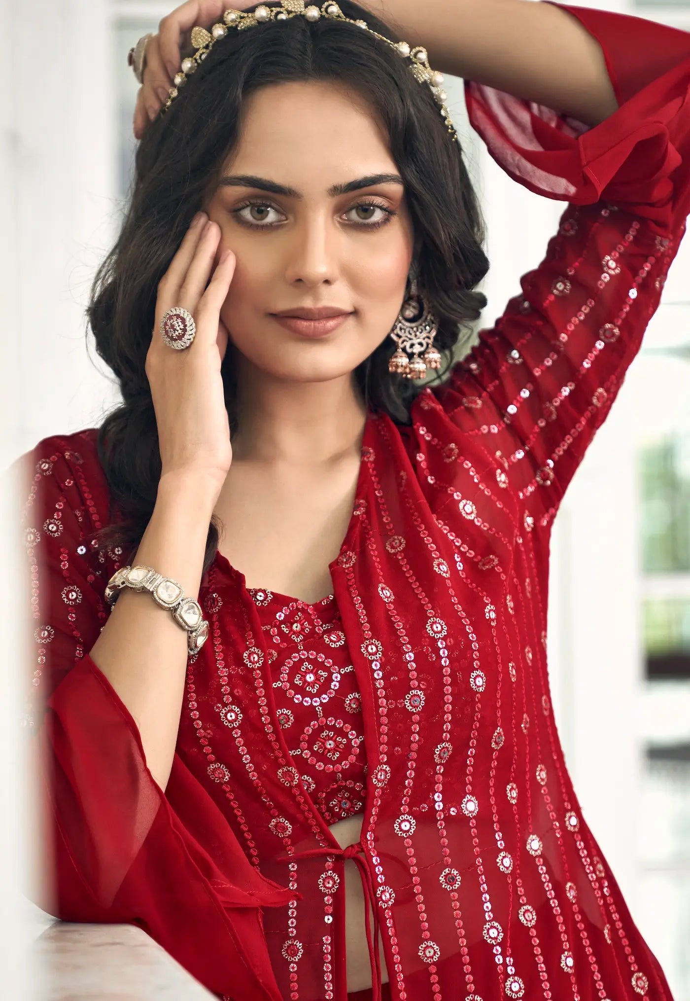 Red Georgette Indo western Set With Thread & Sequence Embroidery Work | Ready To Wear - qivii