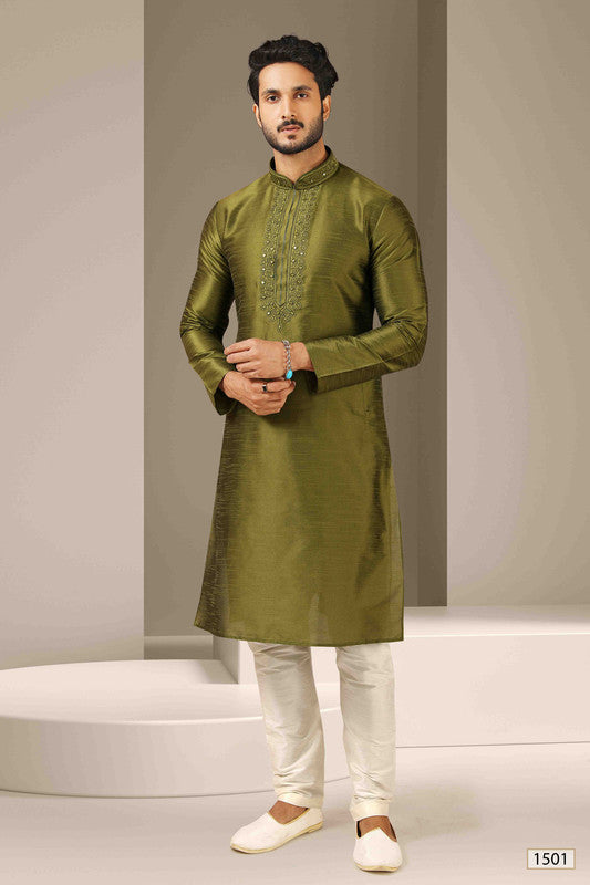 Men's Banarasi Art Silk Mirror Work Kurta Pajama In Green Colour